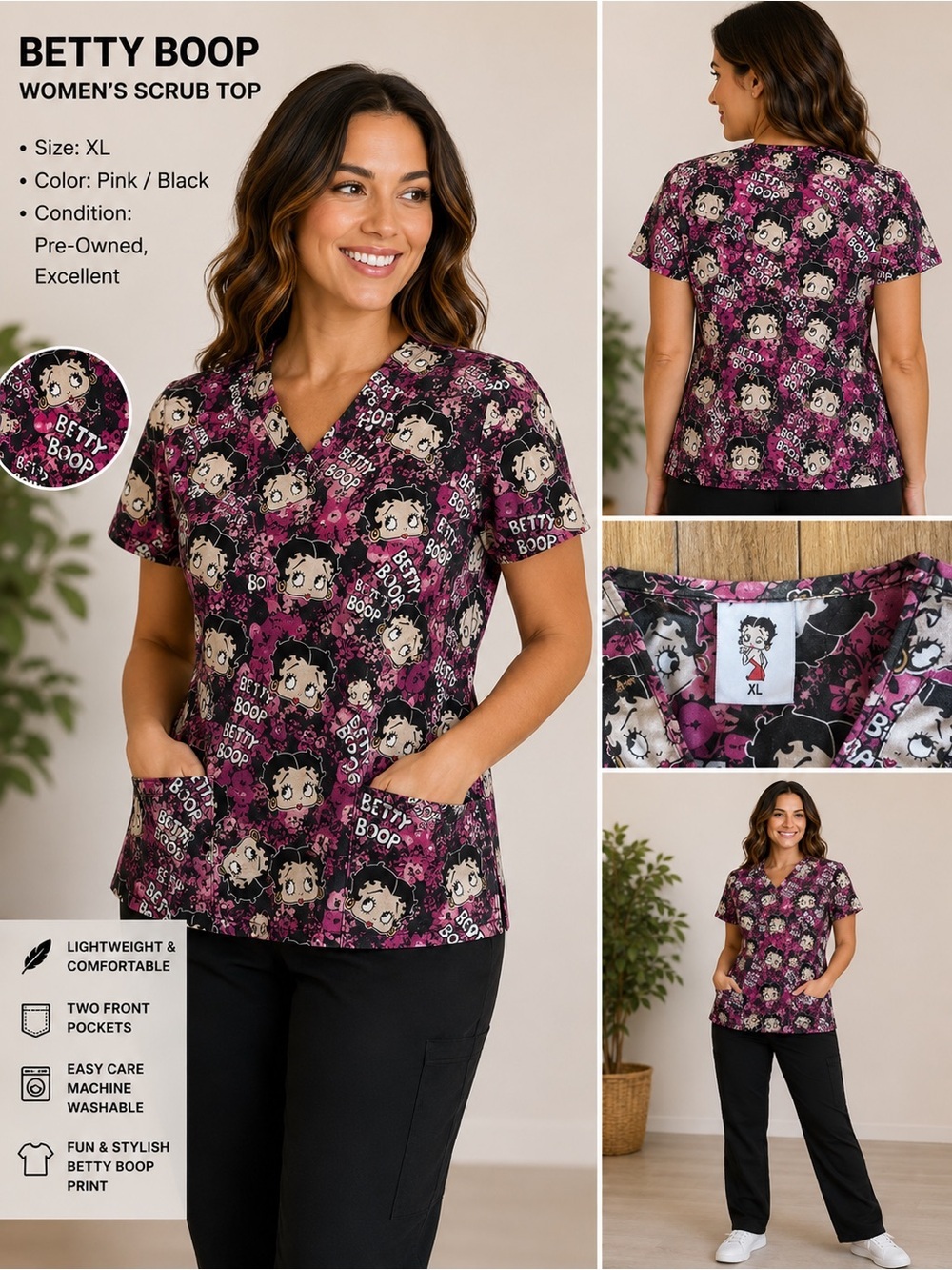 Womans Betty Boop scrub top Pink Graphic Shirt XL vintage